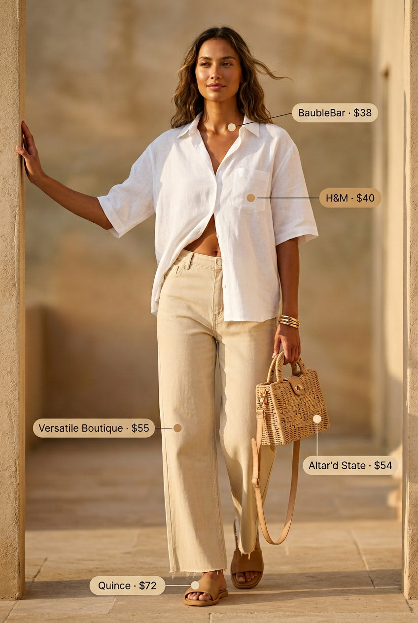 Summer Straight Leg Pants Outfits for Women 2026: White linen shorts set with beige slides and raffia bag for resort.