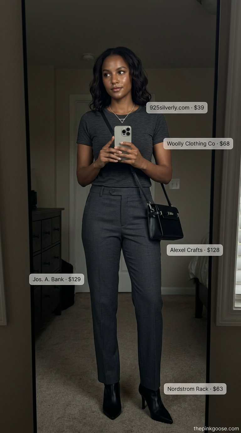 Summer straight leg pants outfits for women 2026: Charcoal grey trousers, charcoal grey knit top, black ankle boots, silver necklace.