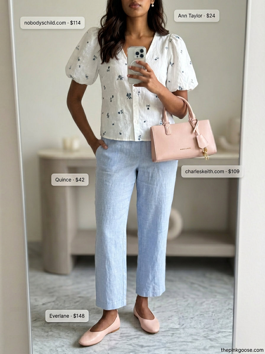 Summer straight leg pants outfits for women 2026: Pale blue pants, floral puff sleeve blouse, nude ballet flats, blush pink bag.