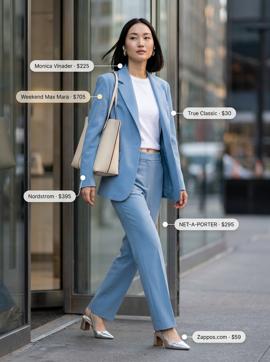 Summer Straight Leg Pants Outfits for Women 2026: Pastel blue suit with white tee, silver earrings, and pumps for office.