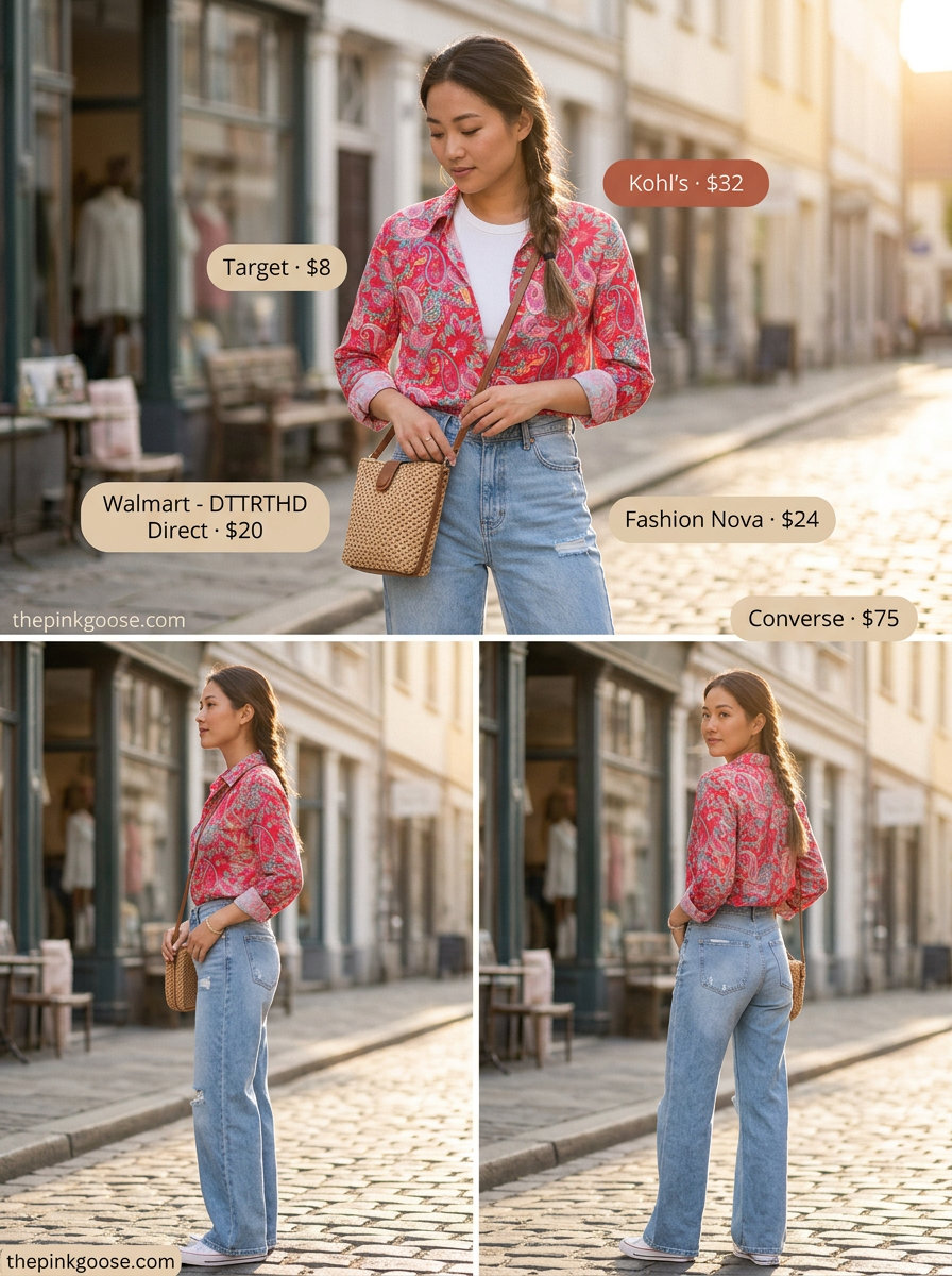 Summer straight leg pants outfits for women 2026: White tank, floral blouse, denim pants, white sneakers, straw crossbody bag.