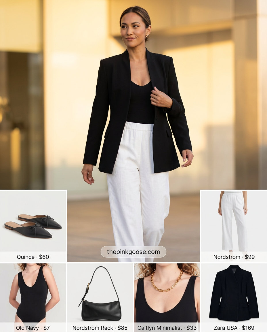 Summer straight leg pants outfits for women 2026: White tailored pants, black blazer, black bodysuit, black mules, gold necklace.