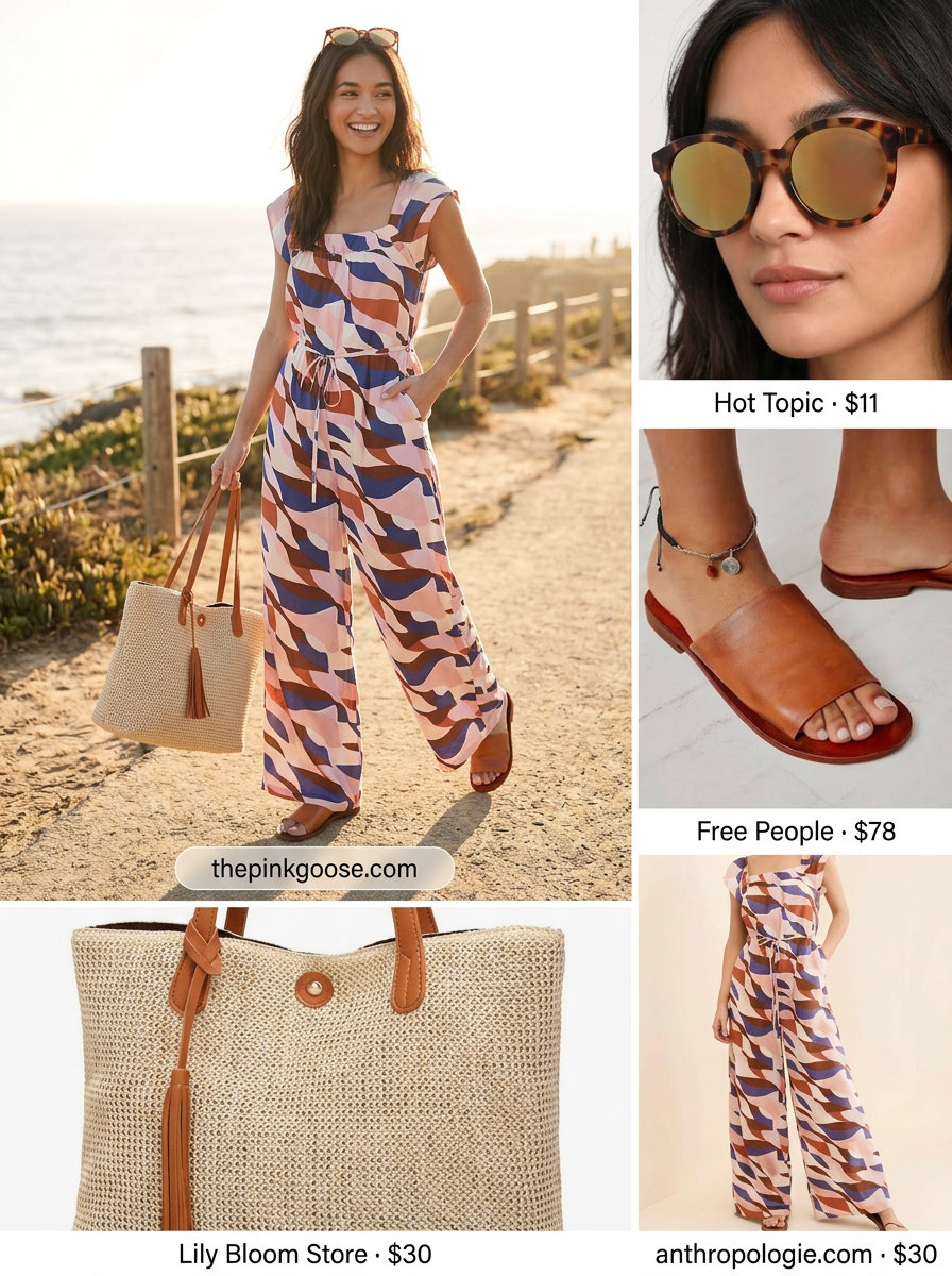 Summer straight leg pants outfits for women 2026: Abstract print wide-leg jumpsuit, straw tote, flat sandals, sunglasses.