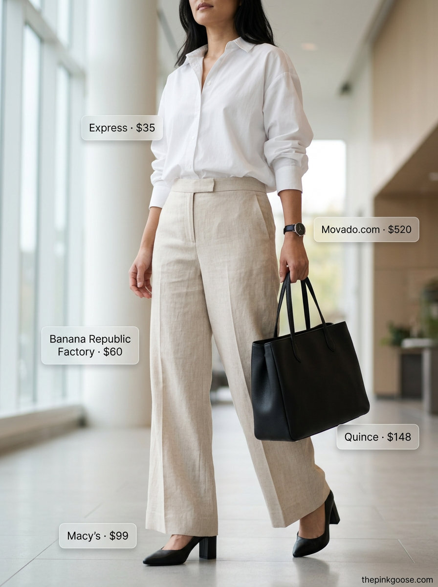 Summer straight leg pants outfits for women 2026: Light beige trousers, white shirt, black heels, black tote, watch.