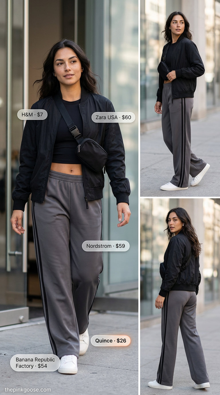 Summer straight leg pants outfits for women 2026: Charcoal athletic pants, black bomber jacket, white sneakers, belt bag.