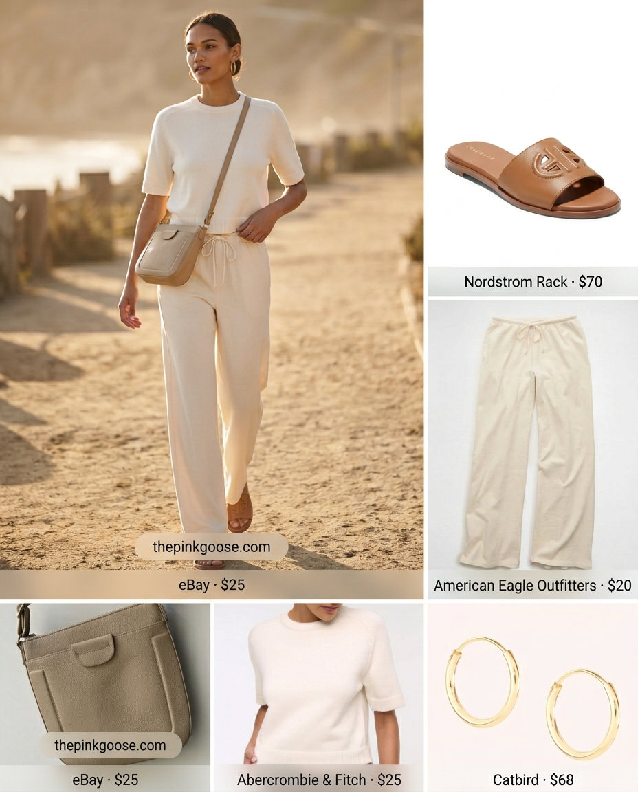 Summer straight leg pants outfits for women 2026: Cream knit pants, cream knit top, tan sandals, crossbody bag, gold earrings.