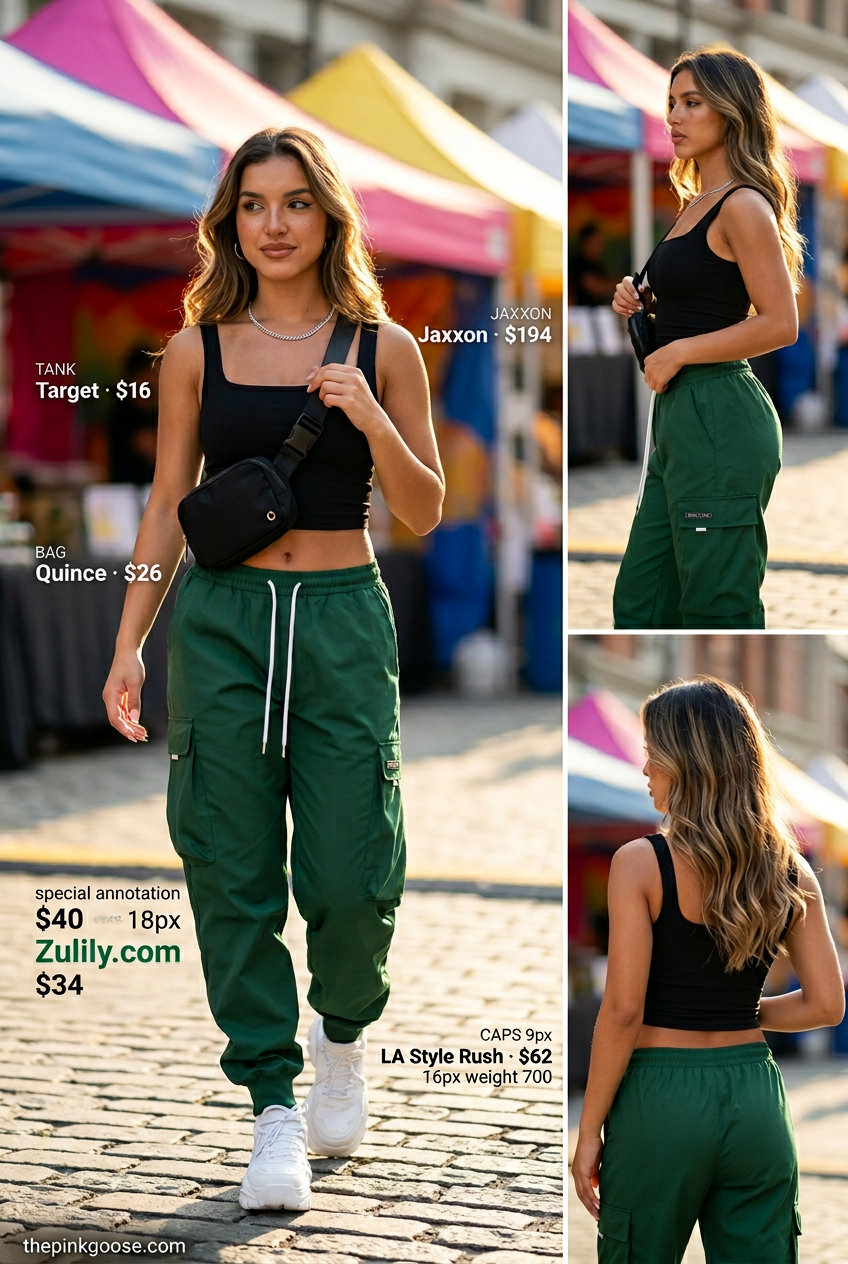 Summer straight leg pants outfits for women 2026: Emerald green cargo pants, black tank, platform sneakers, belt bag, silver necklace.