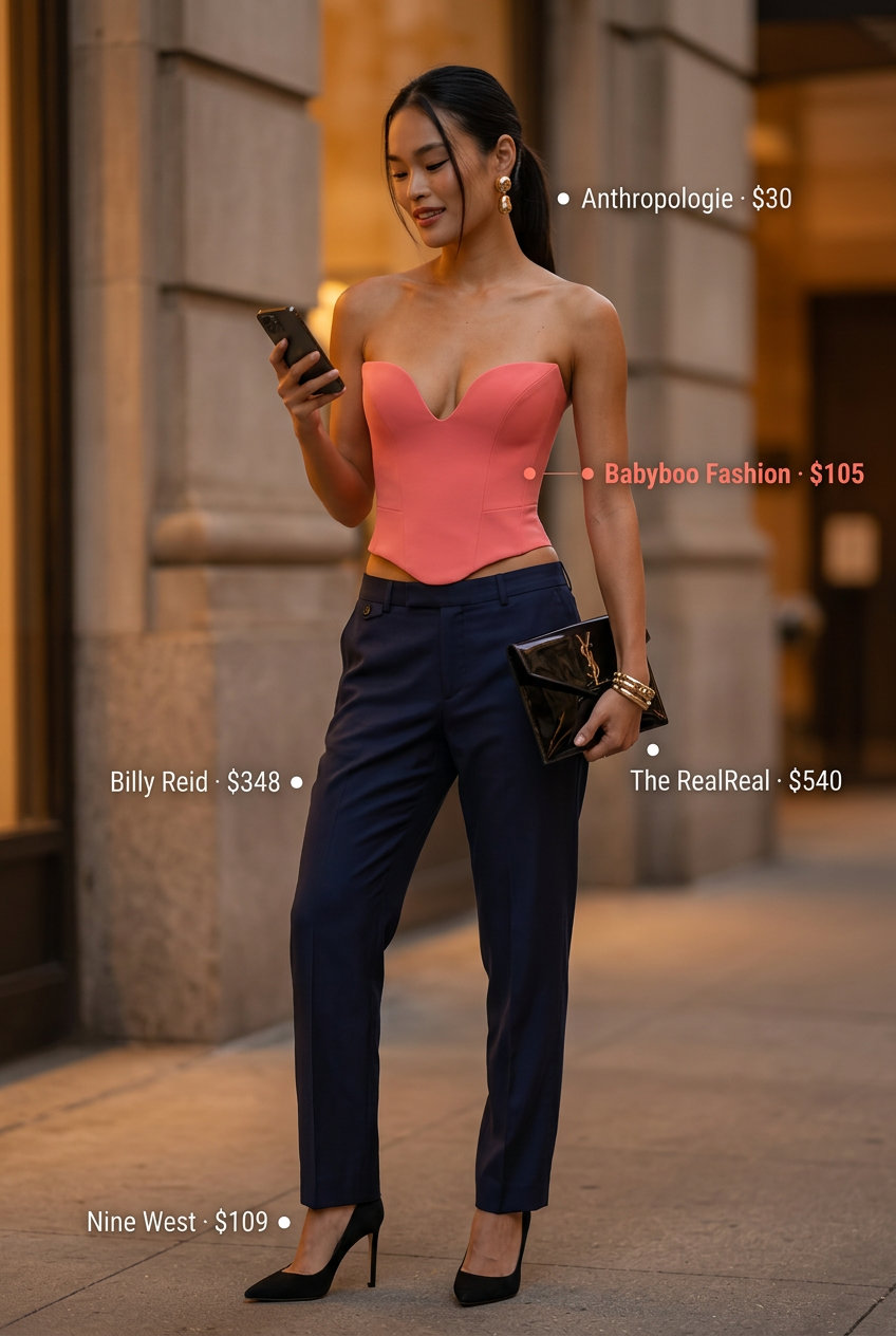 Summer straight leg pants outfits for women 2026: Navy tailored pants, coral corset top, black heels, clutch, statement earrings.