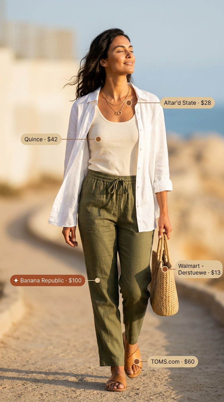 Summer straight leg pants outfits for women 2026: Olive green linen pants, cream shirt, straw tote, tan slides, layered gold necklaces.