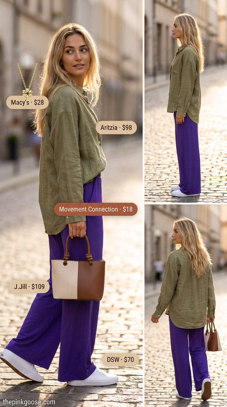 Summer straight leg pants outfits for women 2026: Olive green linen shirt & pants, white sneakers, gold necklace, tan tote.