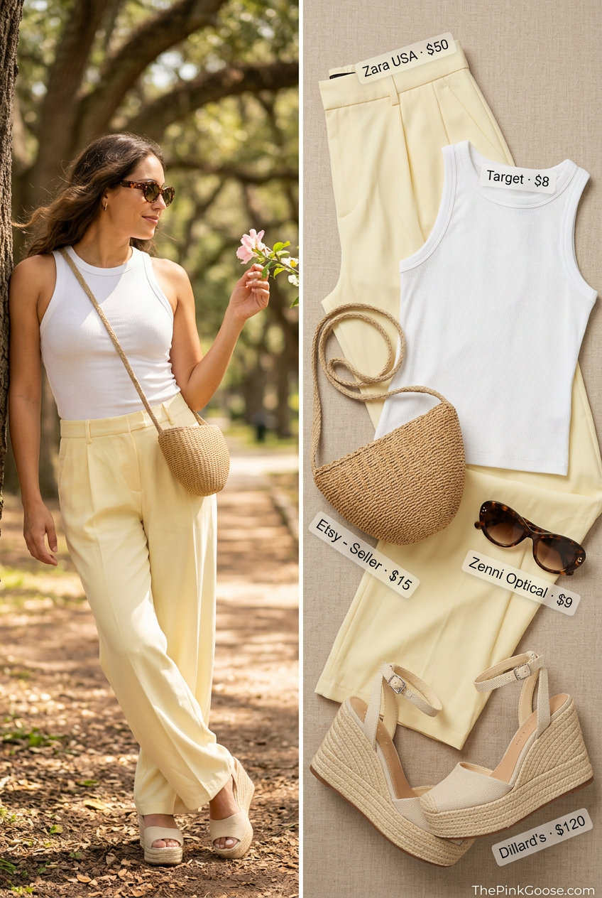 Summer straight leg pants outfits for women 2026: Pastel yellow pants, white tank, espadrilles, straw crossbody, sunglasses.