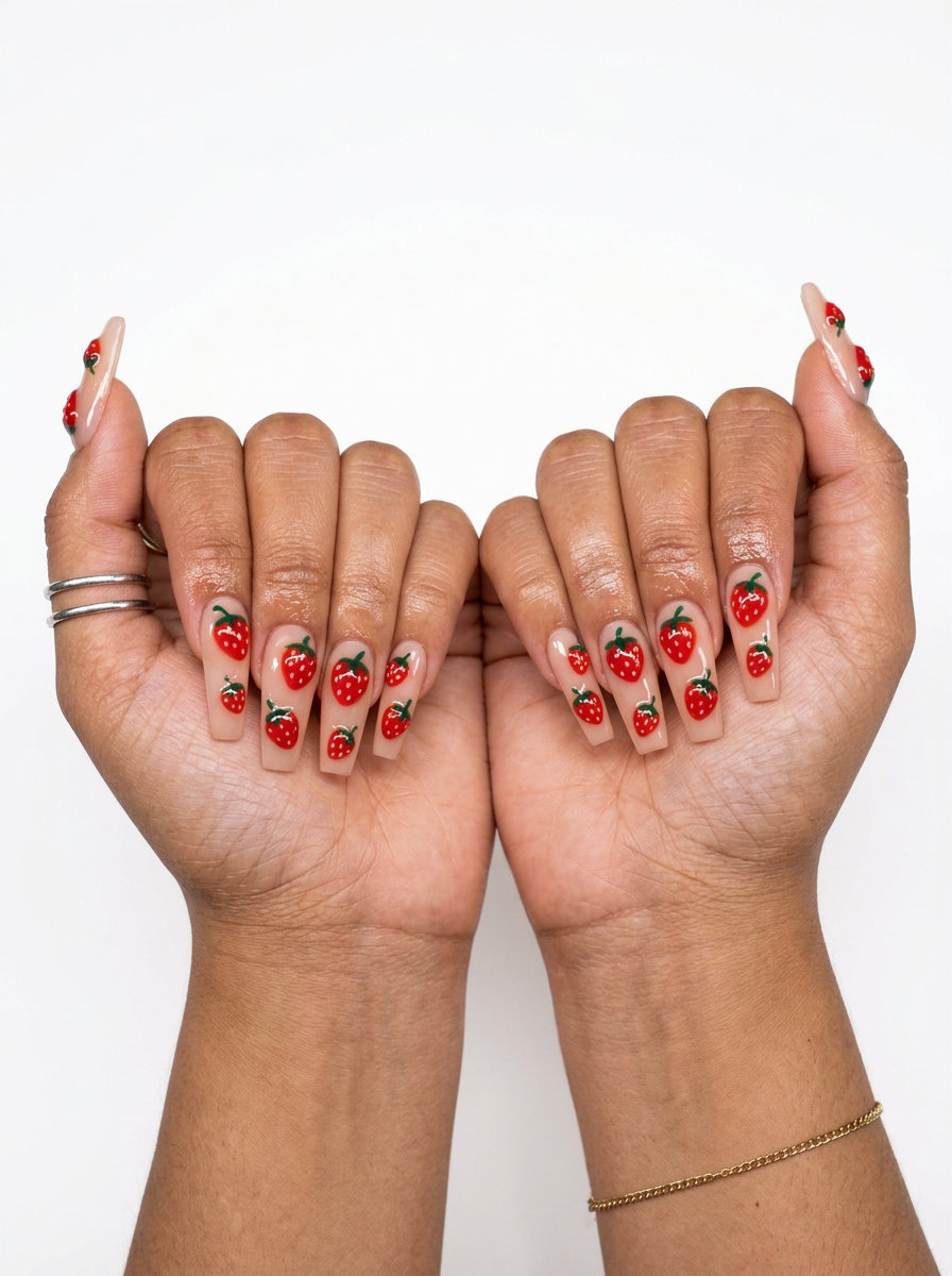 3D Strawberry Field Coffin nails: red charms and green leaves on sheer pink base. Summer strawberry nail ideas 2026.