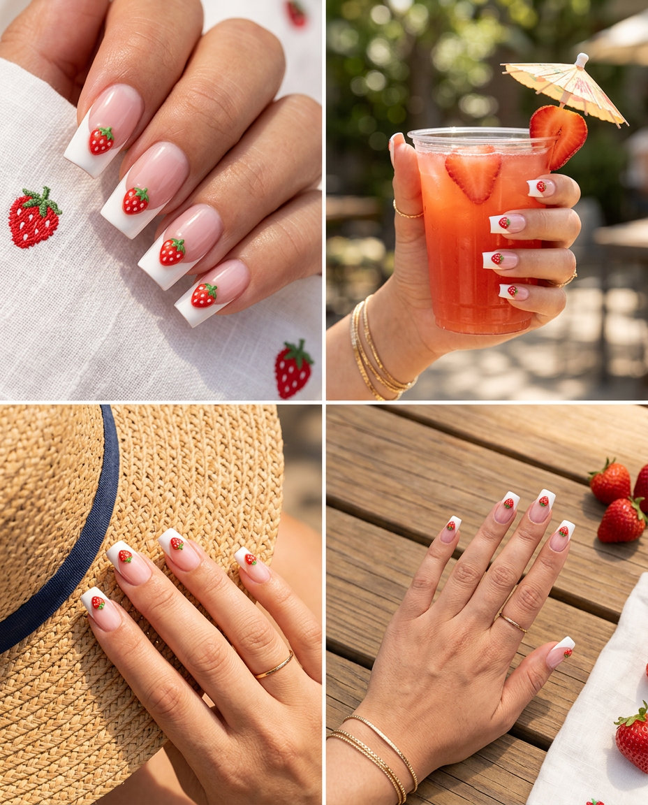 Playful short nails with opaque white French tips and tiny 3D strawberry charms. Summer strawberry nail ideas 2026 for festivals.