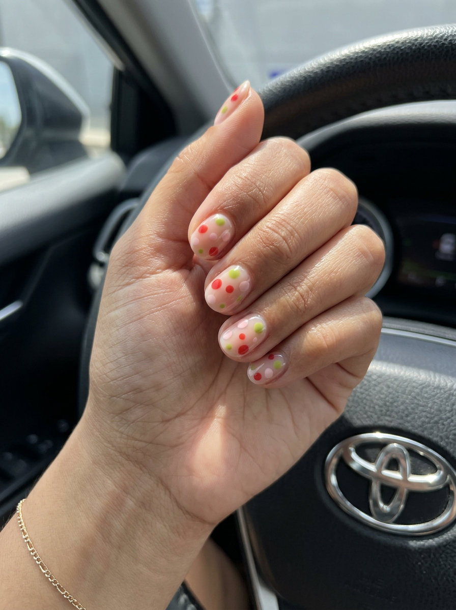 Artistic milky nude nails with abstract strawberry red, pink, and green dots for summer strawberry nail ideas 2026.