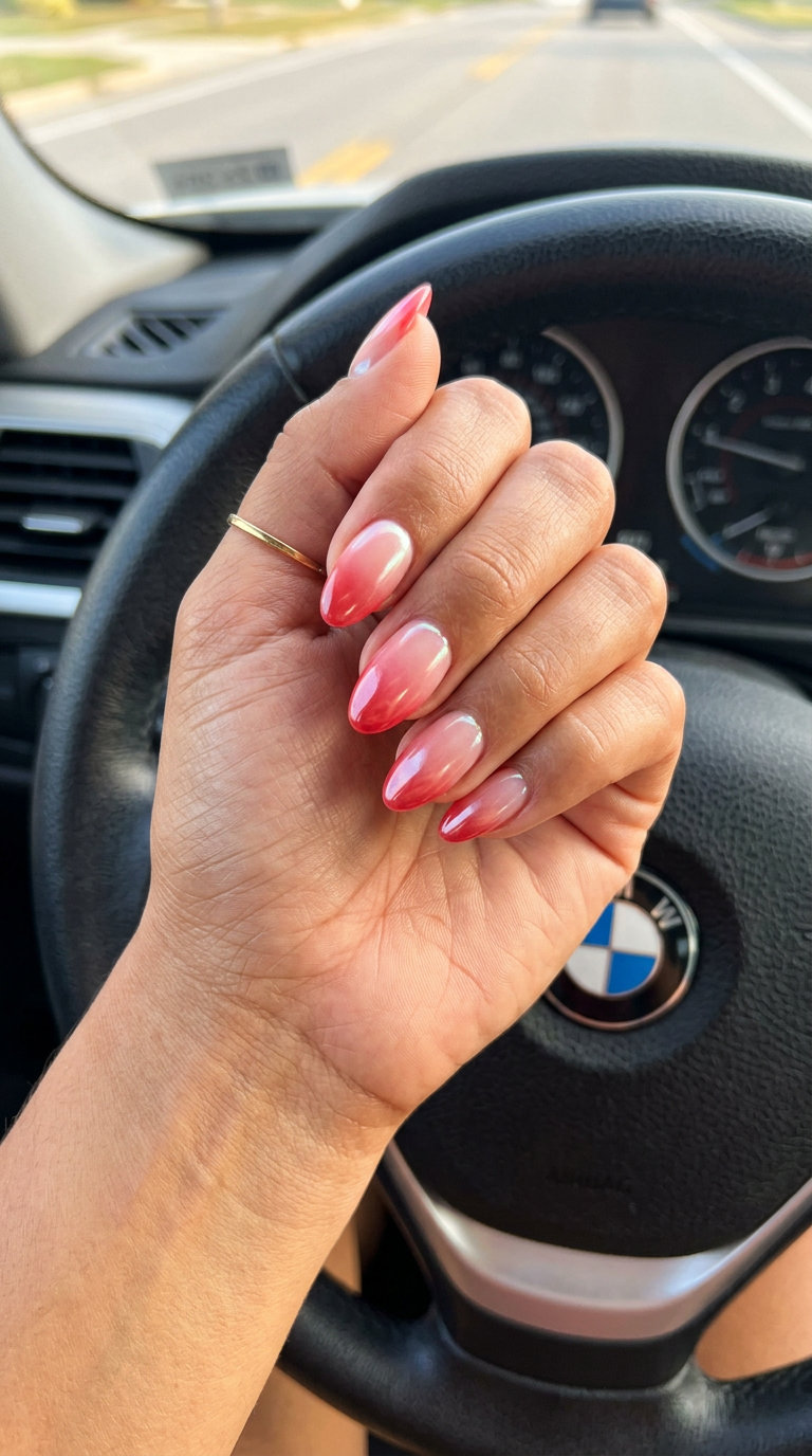 Strawberry Glazed Gradient nails: creamy pink to red blend with pearl chrome finish. Summer strawberry nail ideas 2026.