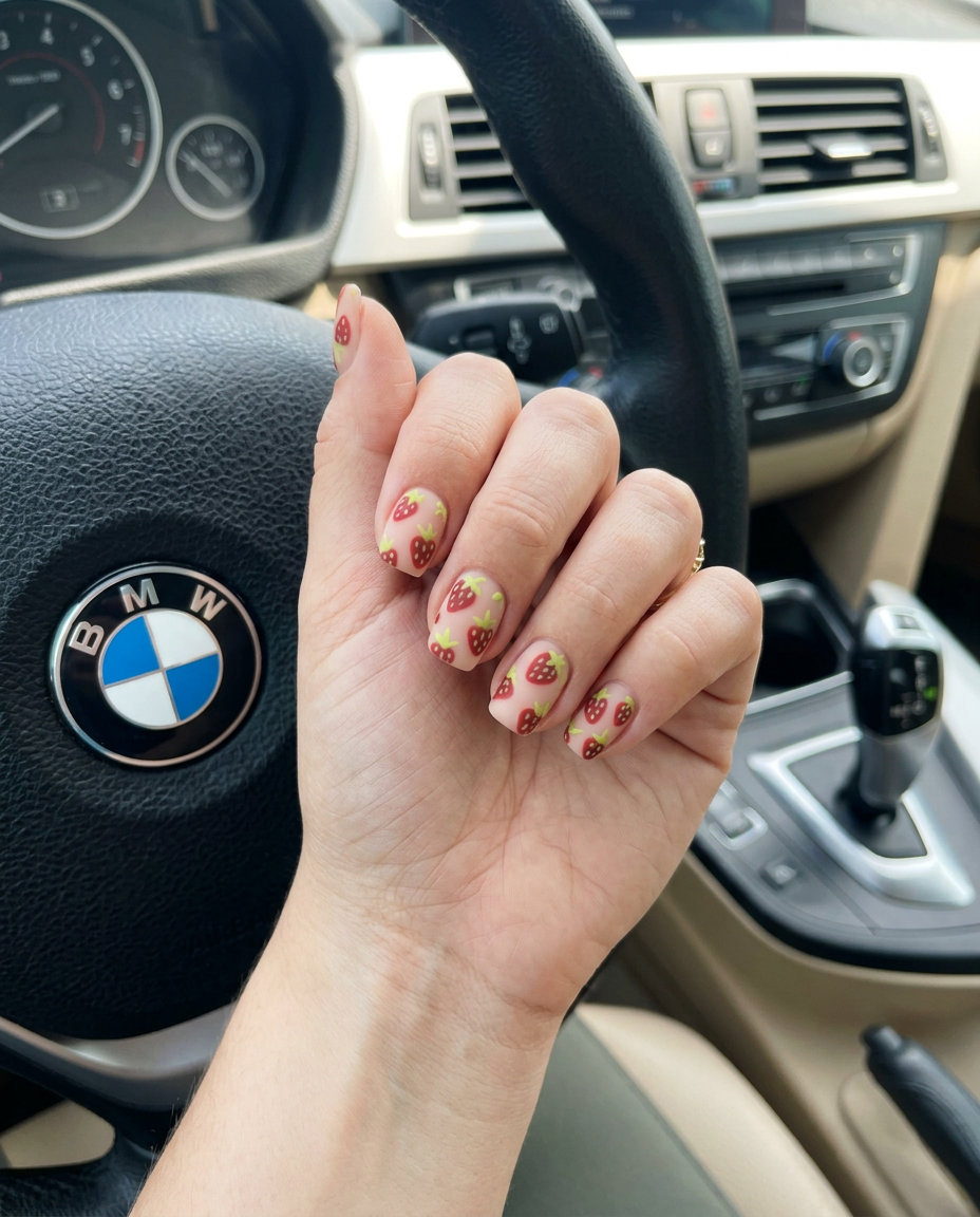 Playful natural nude nails with a matte finish and scattered strawberry red dots and green leaves. Summer strawberry nail ideas 2026.