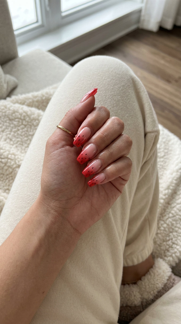 Strawberry Seed Ombre nails: opaque pink to red blend with realistic black seed dots. Summer strawberry nail ideas 2026.