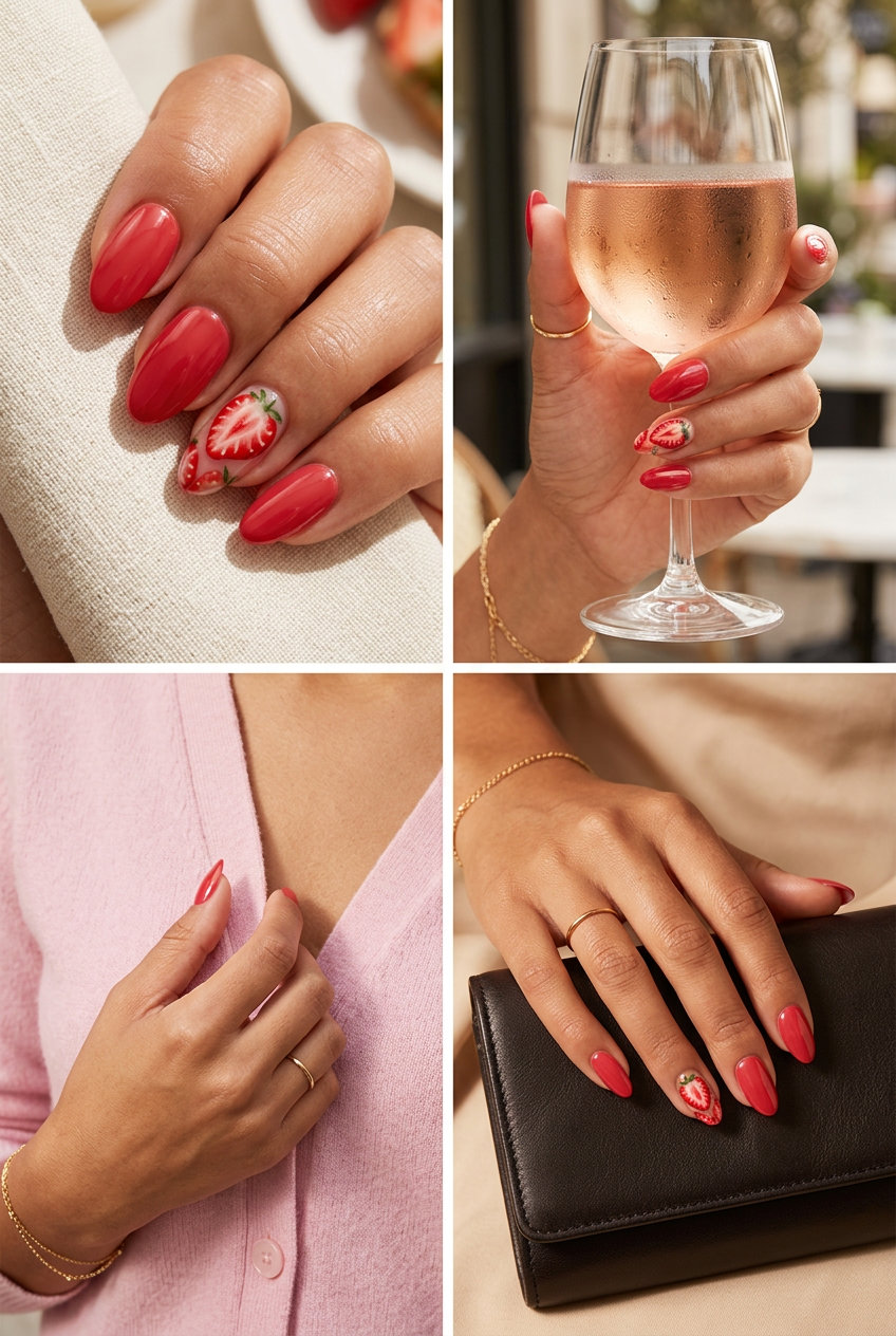 Strawberry Slice Accent nails: solid red with realistic strawberry slice art on accent fingers. Summer strawberry nail ideas 2026.