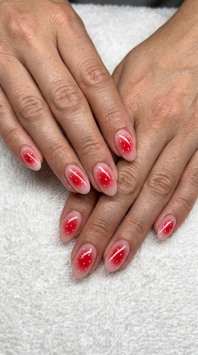 Artistic airbrushed strawberry red gradient nails with white speckles for summer strawberry nail ideas 2026.