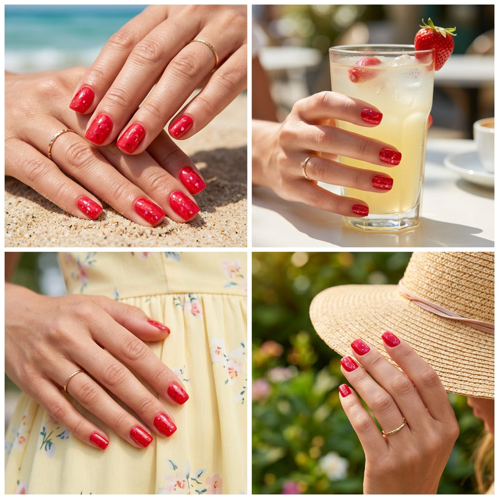 Sparkling strawberry red nails with pink and red foil flakes for summer strawberry nail ideas 2026. Vacation ready.