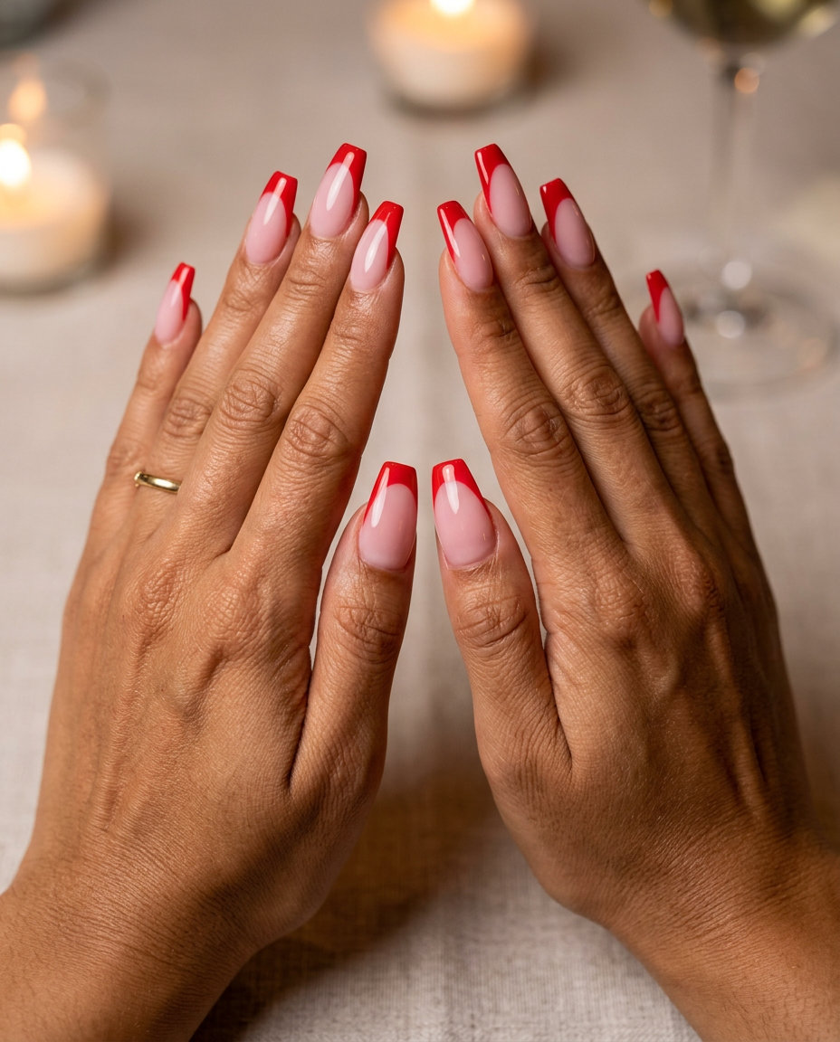 Sophisticated coffin nails with vibrant strawberry red French tips and a nude base. Summer strawberry nail ideas 2026 for date nights.