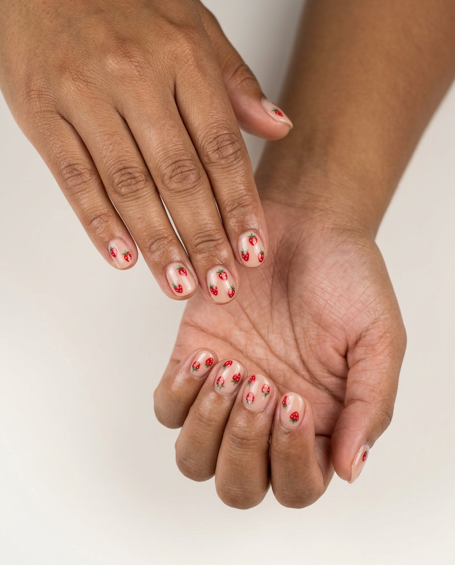 Minimalist nude nails with tiny hand-painted red strawberries and green leaves. Summer strawberry nail ideas 2026 for casual wear.