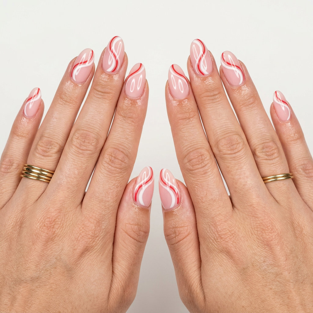 Whimsical creamy pink and white swirl nails with strawberry red accents, perfect for summer strawberry nail ideas 2026.