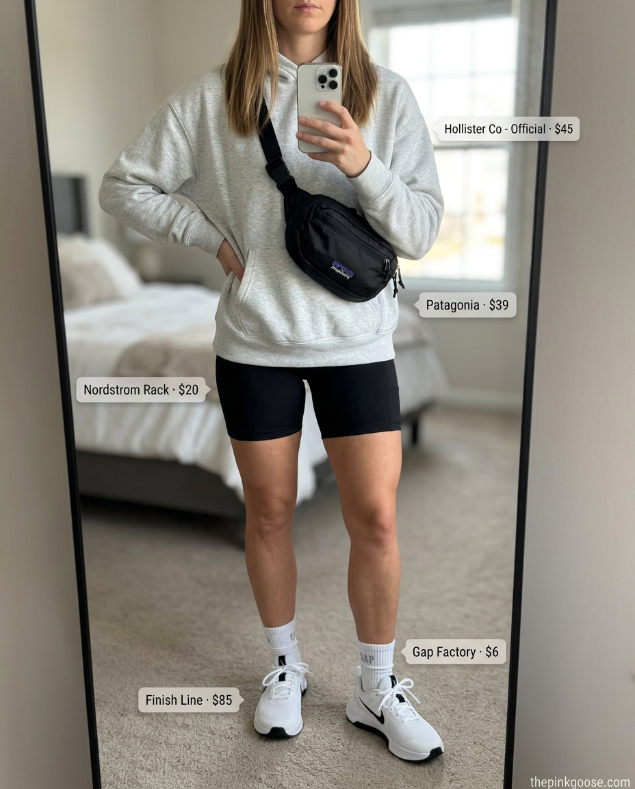 Summer Tomboy Outfits for Women 2026: Black biker shorts, grey oversized hoodie, white athletic sneakers, and black belt bag for an edgy look.