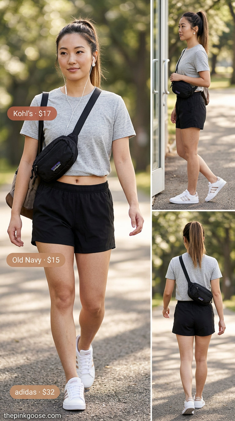 Summer Tomboy Outfits for Women 2026: Black athletic shorts, grey graphic tee, white sneakers, black belt bag, silver earrings.