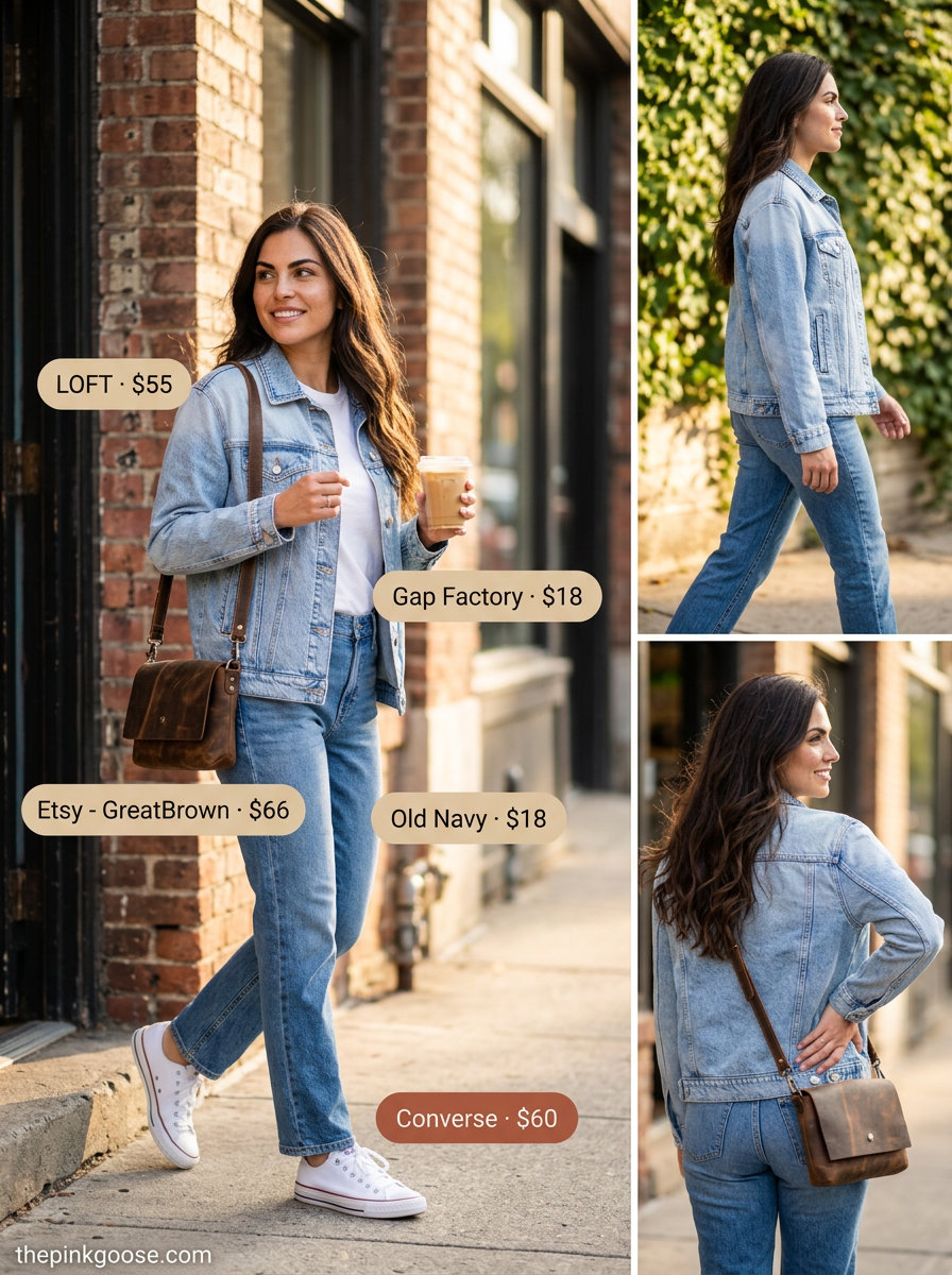 Summer Tomboy Outfits for Women 2026: Oversized denim jacket, white tee, boyfriend jeans, white sneakers, brown crossbody.