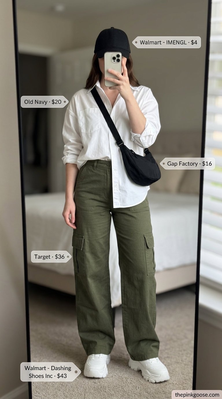 Summer Tomboy Outfits for Women 2026: Khaki cargo pants, white oversized shirt, black crossbody, black cap, platform sneakers.