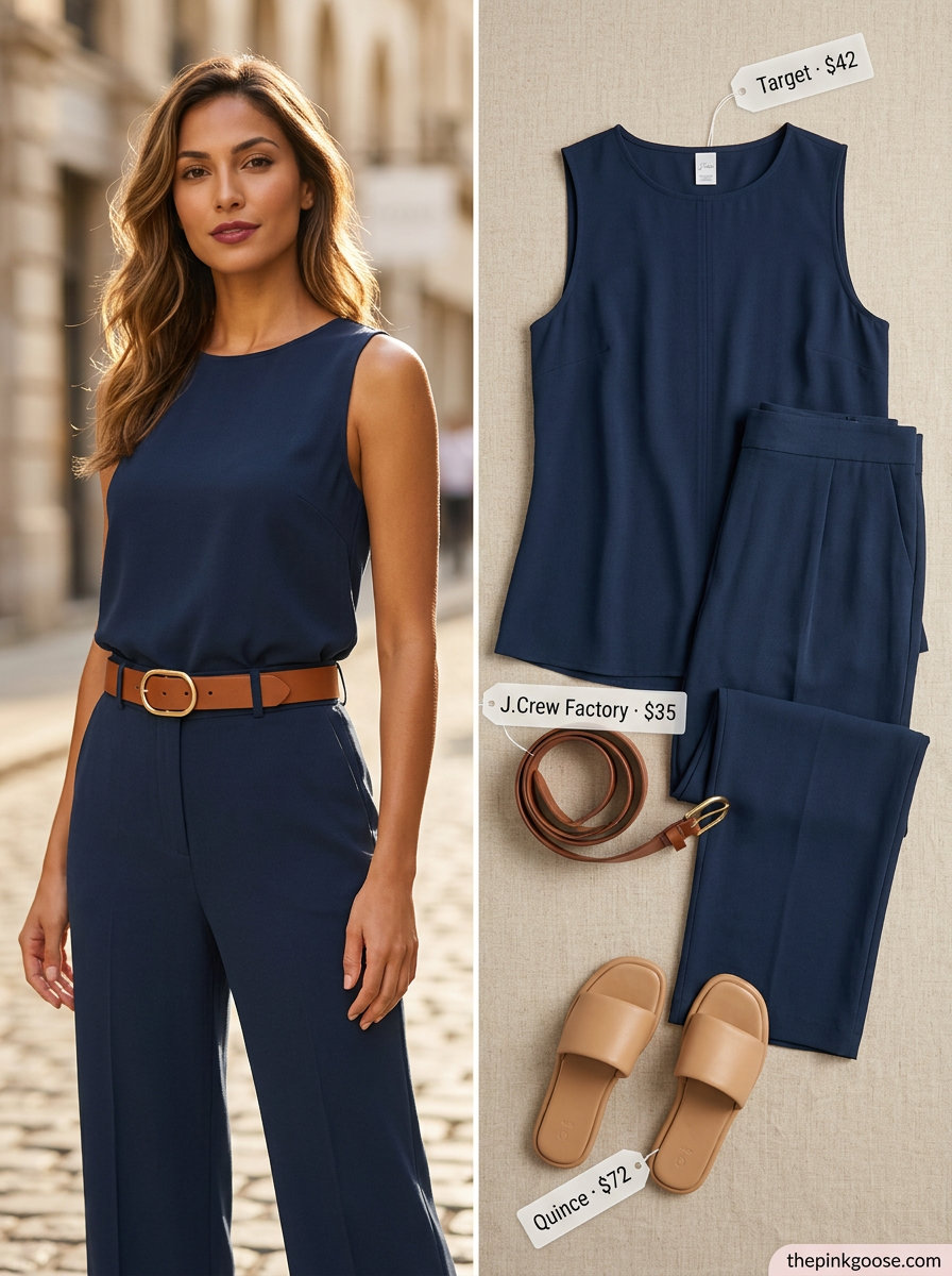 Summer Tomboy Outfits for Women 2026: Navy linen cropped tank and wide-leg trousers set, white crossbody bag, and tan leather slides for chic evenings.