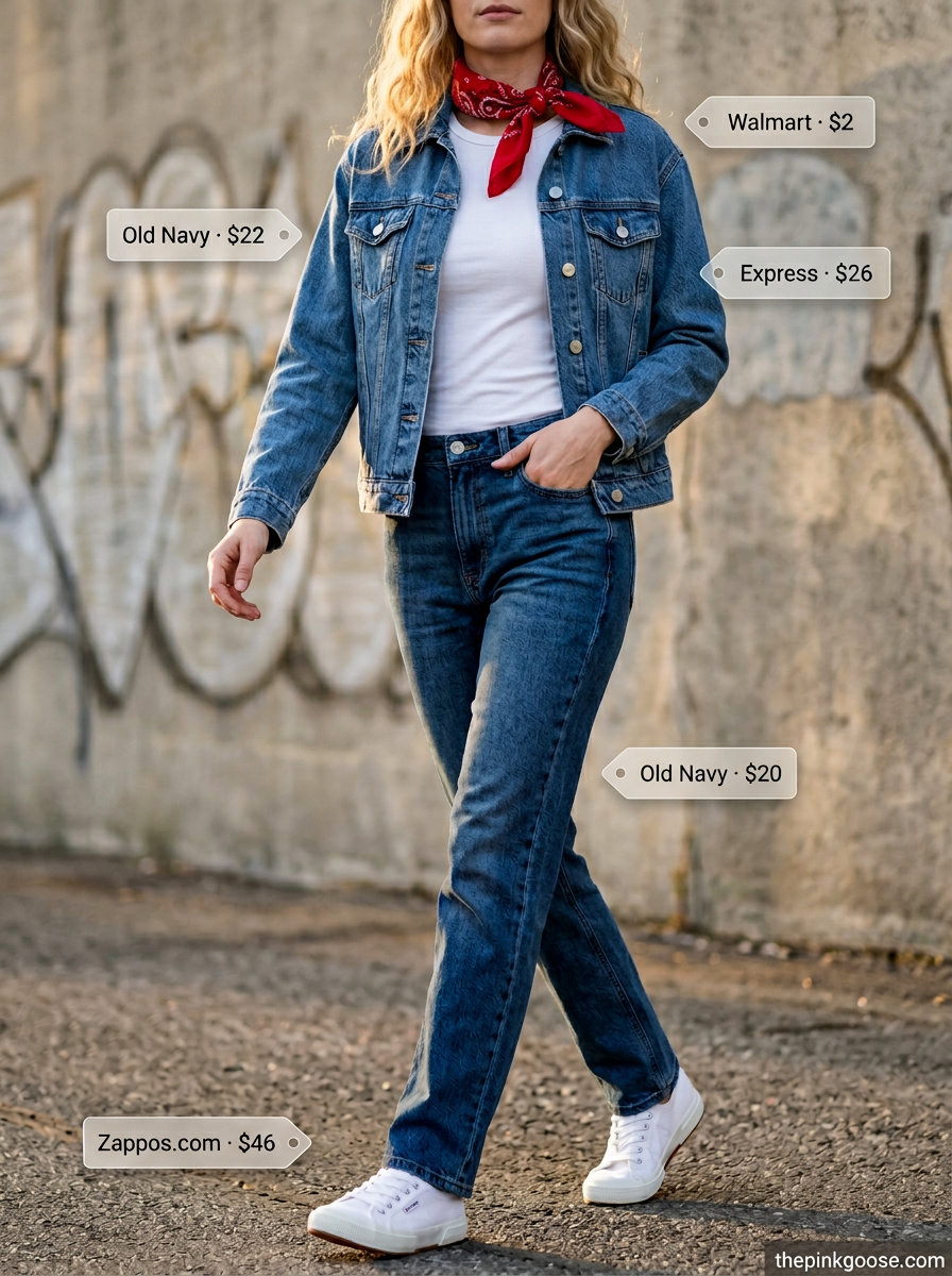 Summer Tomboy Outfits for Women 2026: Denim jacket, black tee, straight leg jeans, white sneakers, red bandana.