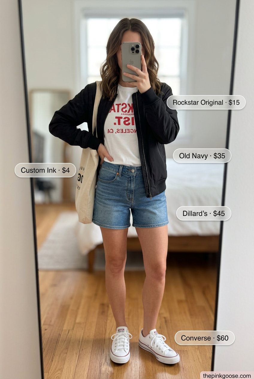 Summer Tomboy Outfits for Women 2026: Denim shorts, white graphic tee, black bomber jacket, canvas sneakers, and tote bag for a casual weekend.