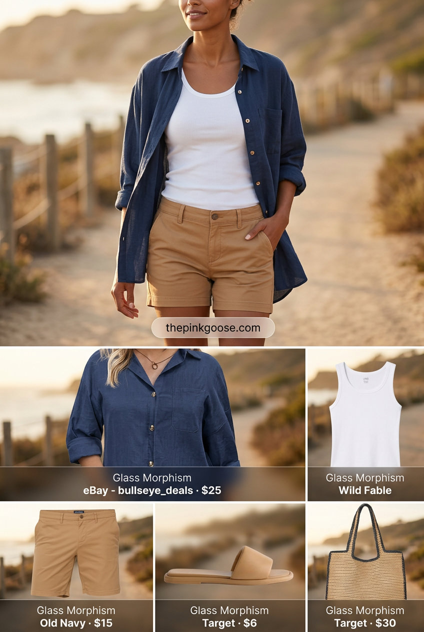 Summer Tomboy Outfits for Women 2026: Navy oversized button-down shirt, white tank, tan shorts, straw tote, and leather slides for a relaxed look.