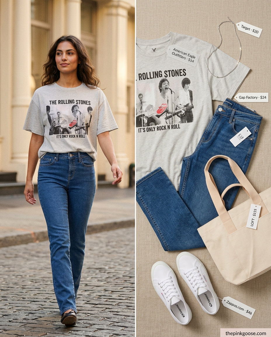 Summer Tomboy Outfits for Women 2026: Grey oversized graphic tee, medium wash straight-leg jeans, white canvas sneakers, and tote bag for casual hangouts.