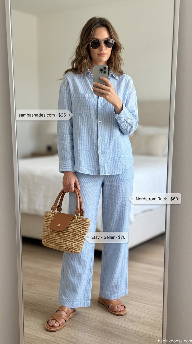Summer Tomboy Outfits for Women 2026: Light blue striped linen set, tan slides, straw tote, silver aviators.