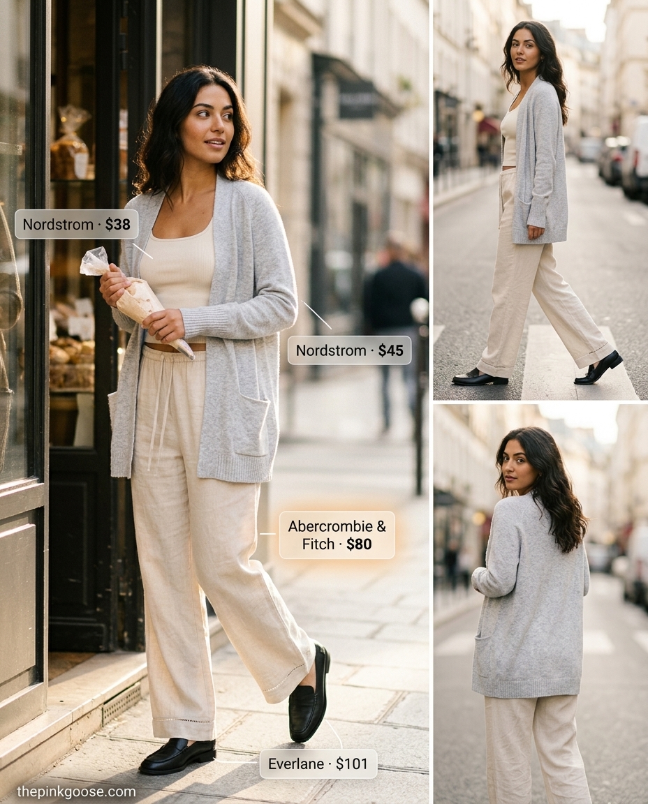 Summer Tomboy Outfits for Women 2026: Sand beige linen trousers, cream tank, grey cardigan, black loafers, tan tote.