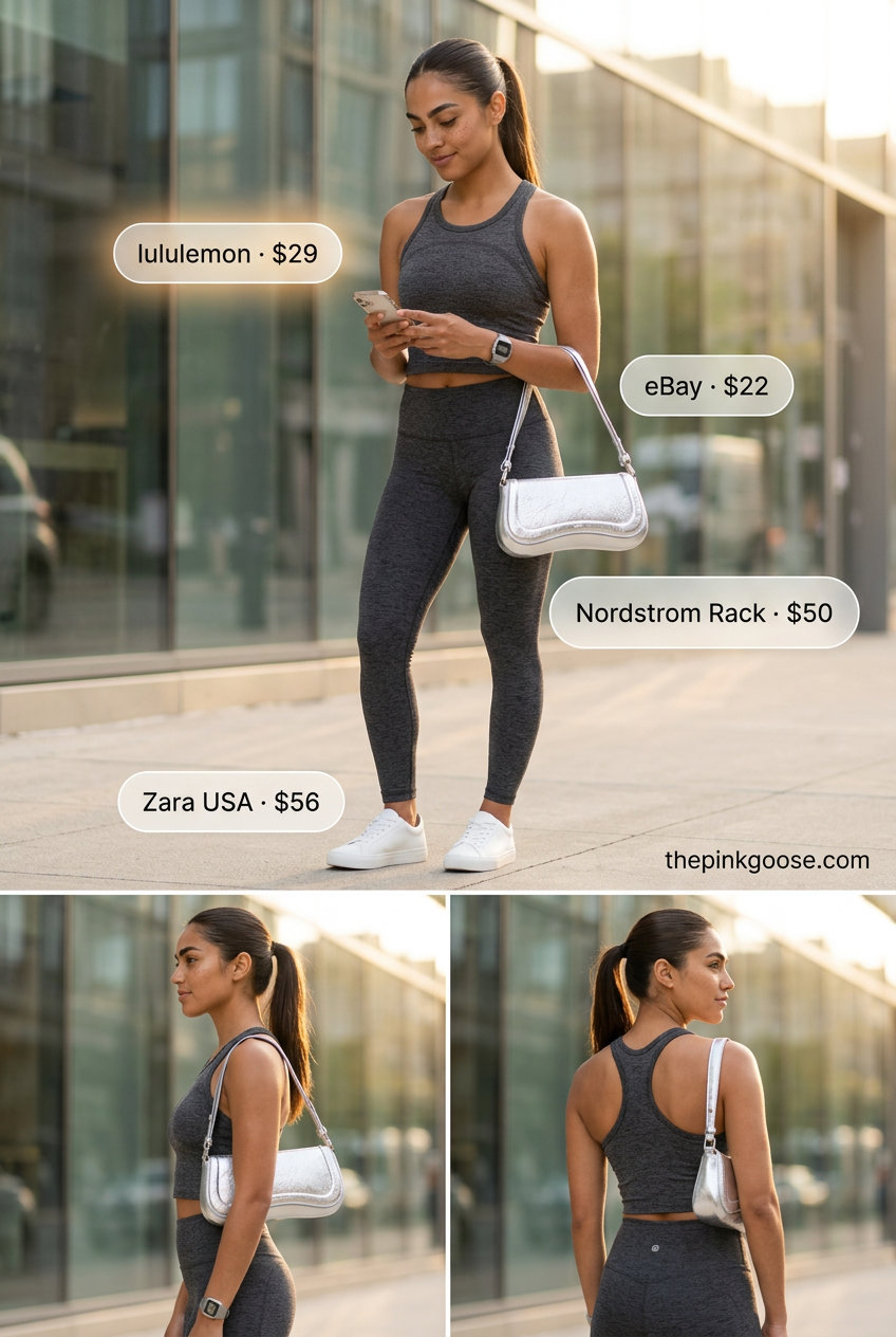 Summer Tomboy Outfits for Women 2026: Charcoal grey cropped athletic set, white sneakers, and silver crossbody bag for sporty chic athleisure.