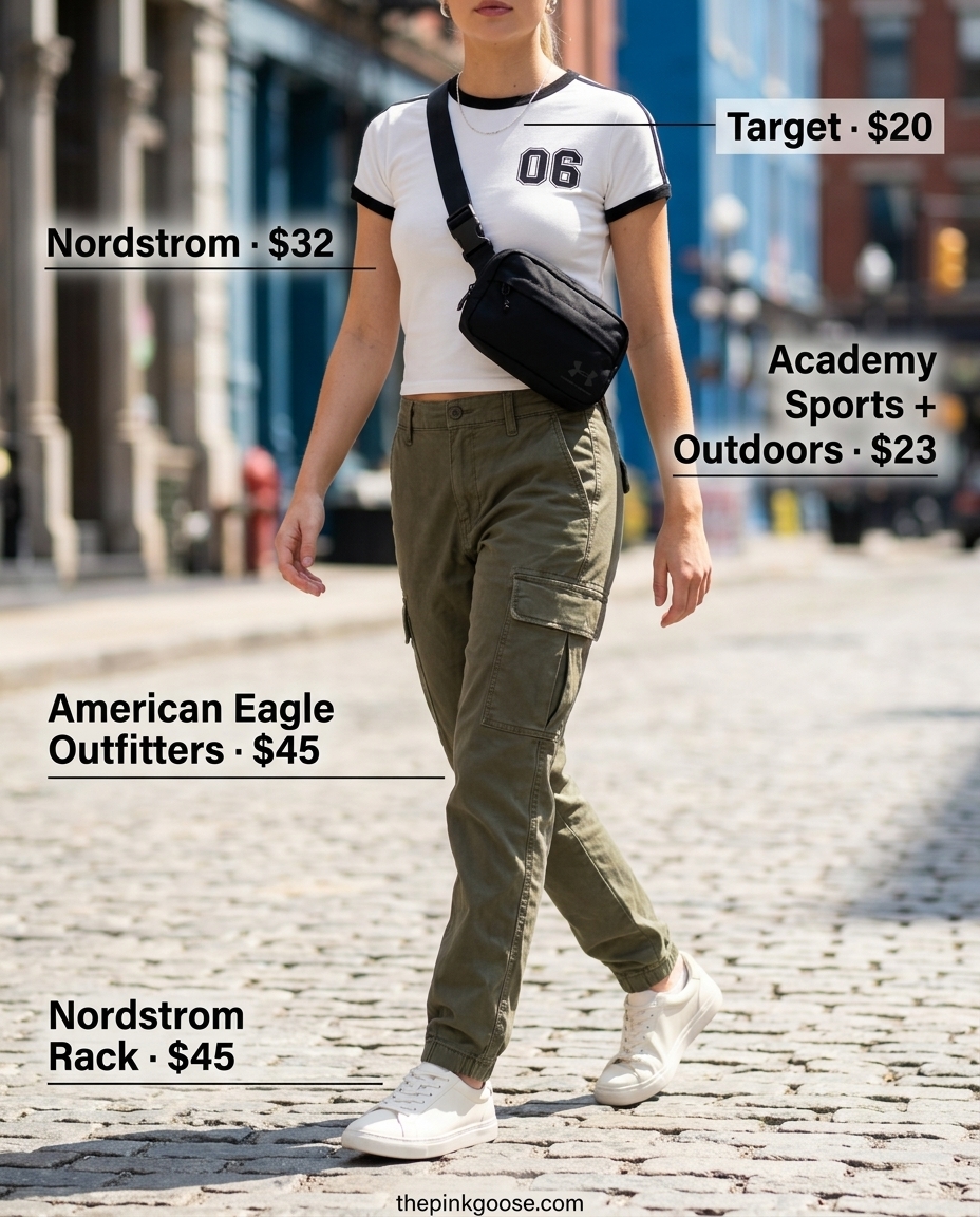 Summer Tomboy Outfits for Women 2026: Olive green cargo pants, white graphic tee, silver necklace, black crossbody bag, white sneakers.