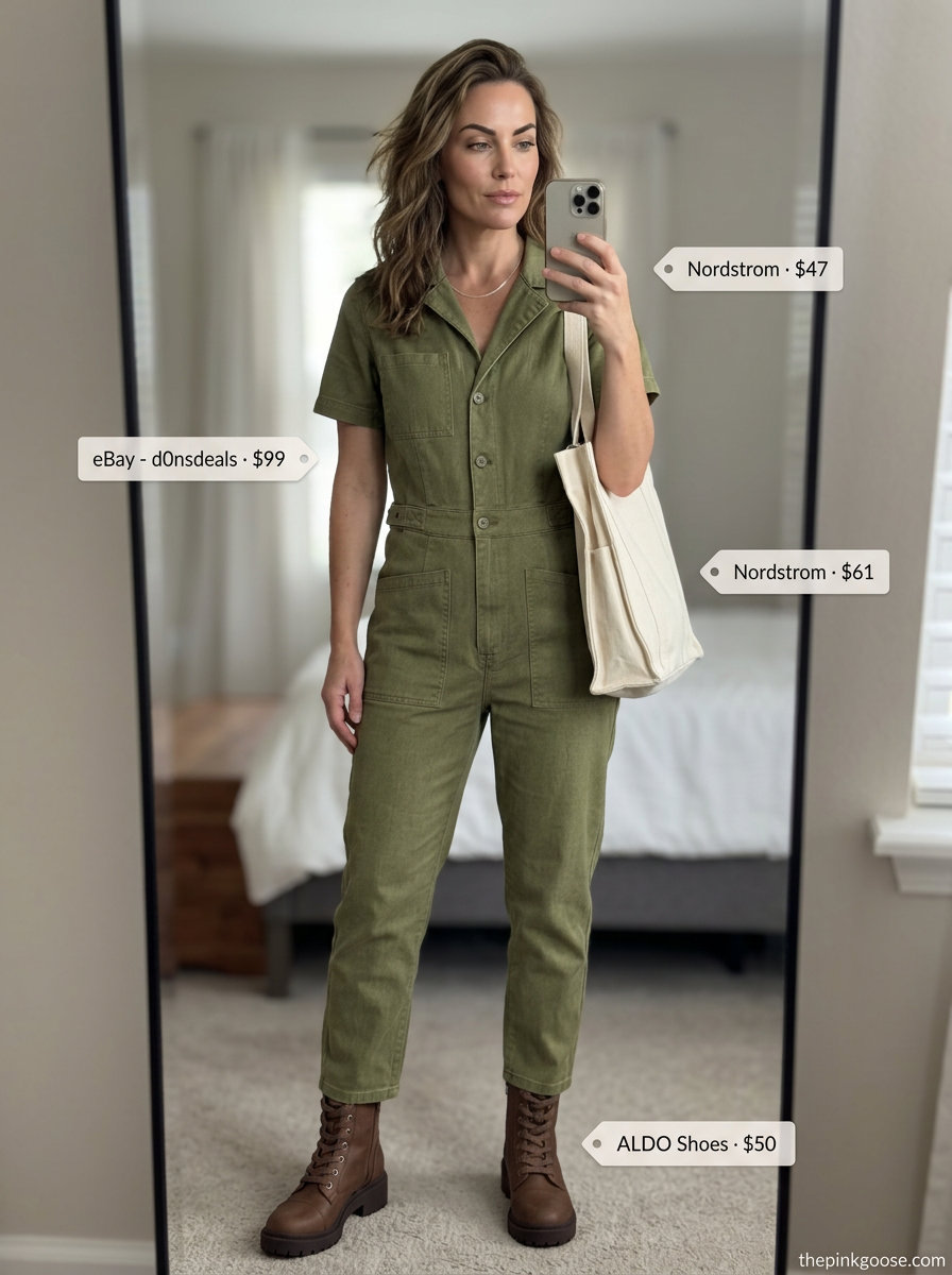 Summer Tomboy Outfits for Women 2026: Olive green utility jumpsuit, tan combat boots, straw tote, silver necklace.