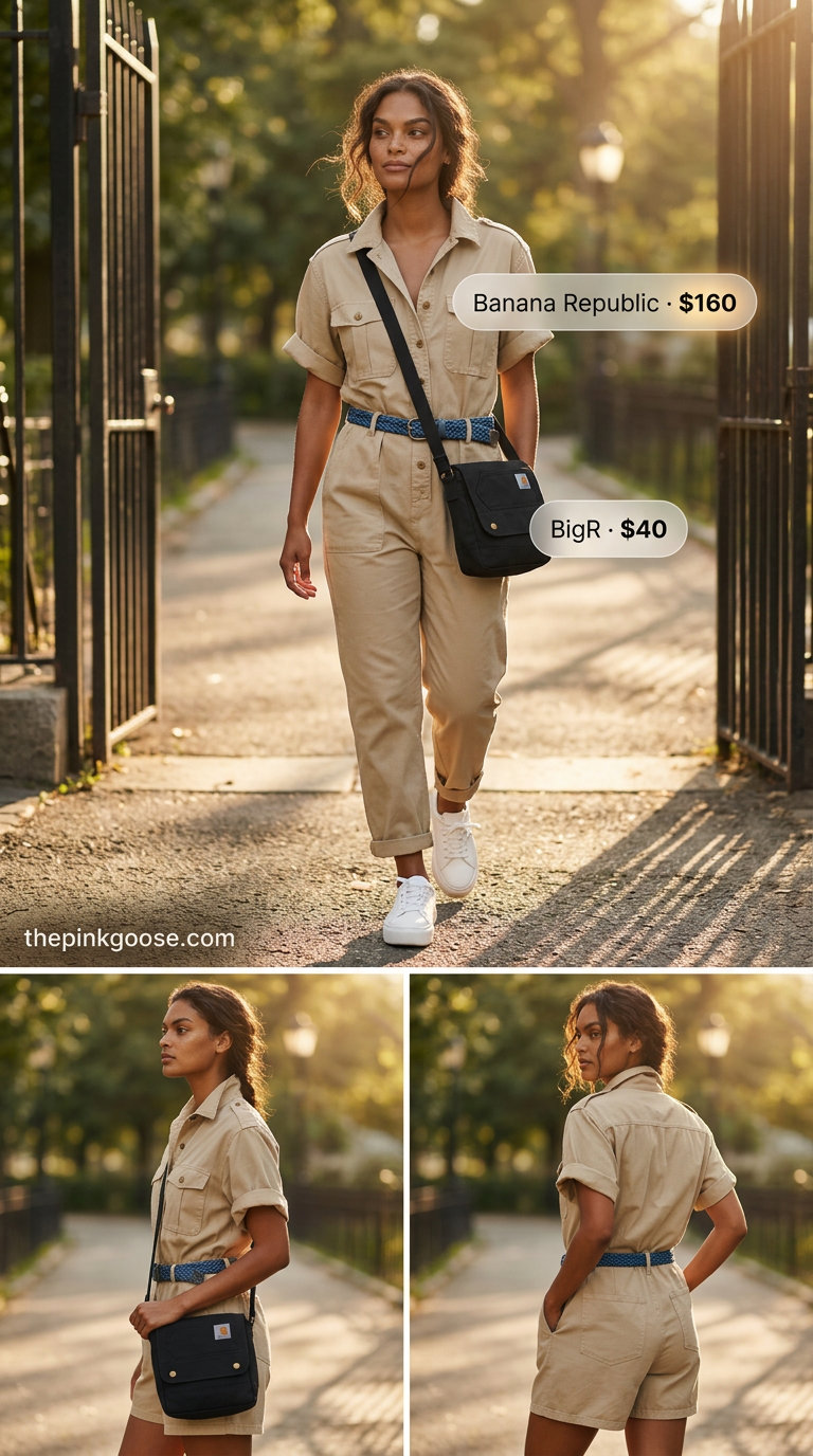 Summer Tomboy Outfits for Women 2026: Khaki utility jumpsuit, chunky white sneakers, black crossbody bag, and leather belt for a modern look.