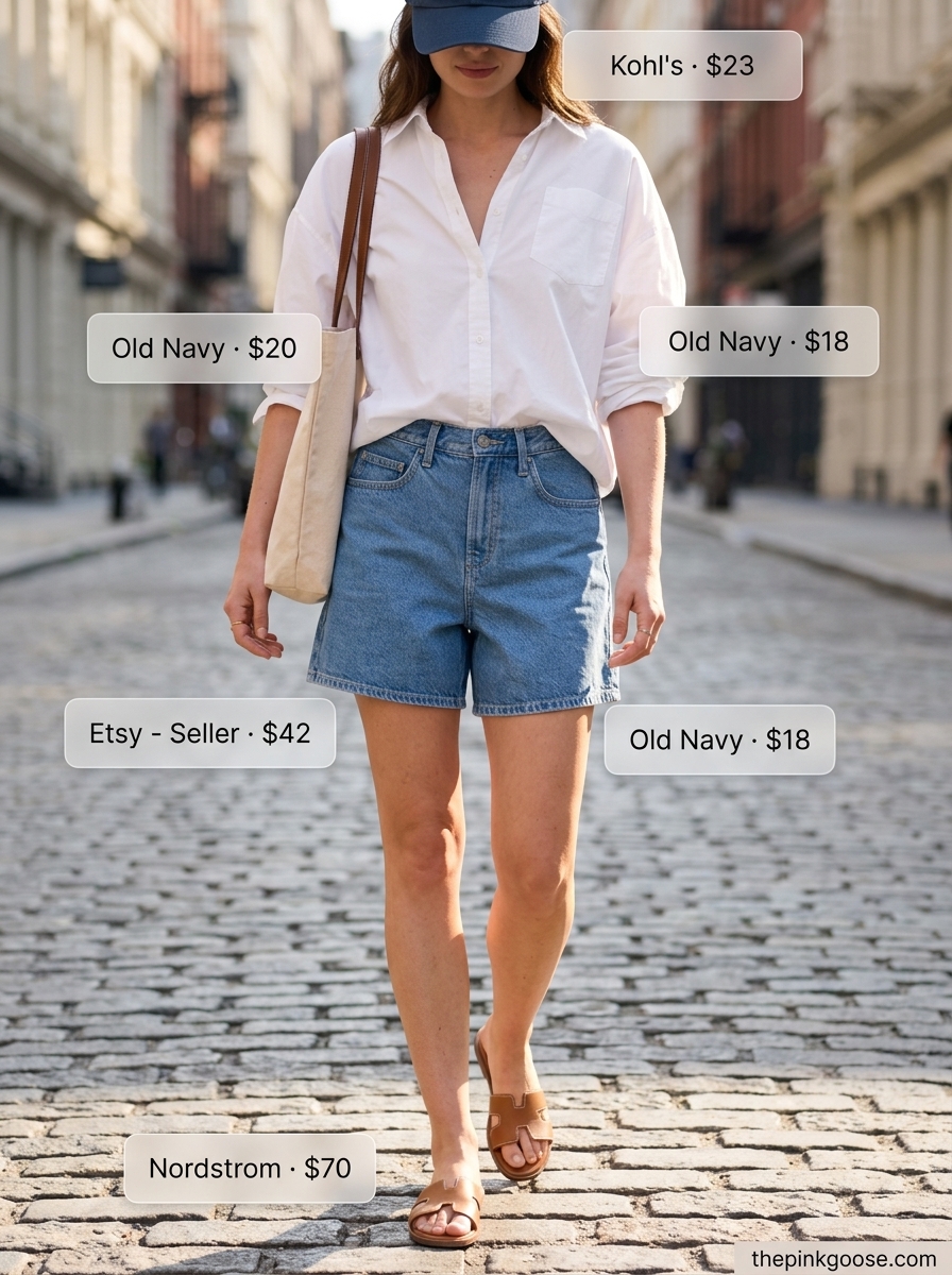 Summer Tomboy Outfits for Women 2026: White oversized shirt, denim shorts, tan slides, canvas tote, and navy cap for a relaxed weekend.