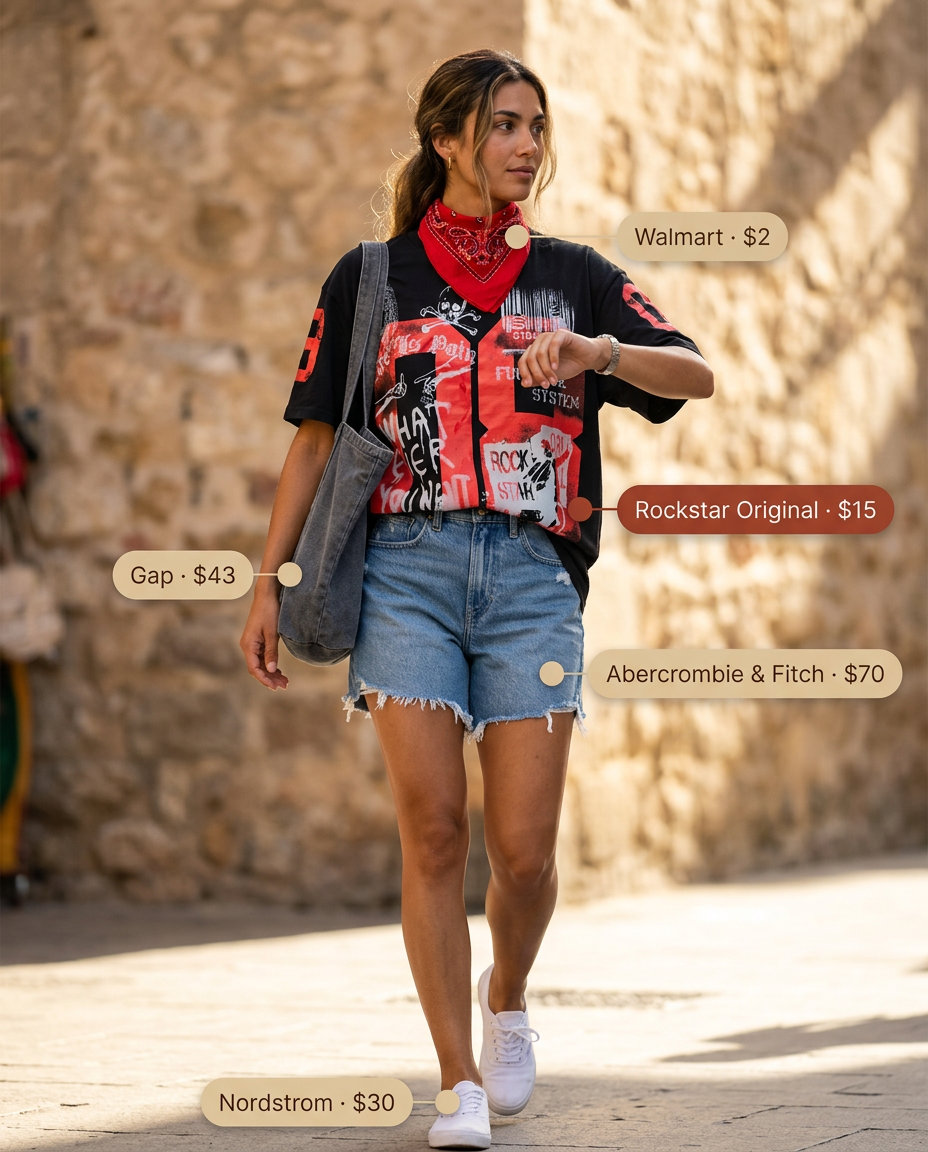 Summer Tomboy Outfits for Women 2026: Band tee, distressed denim shorts, bandana for outdoor fun.