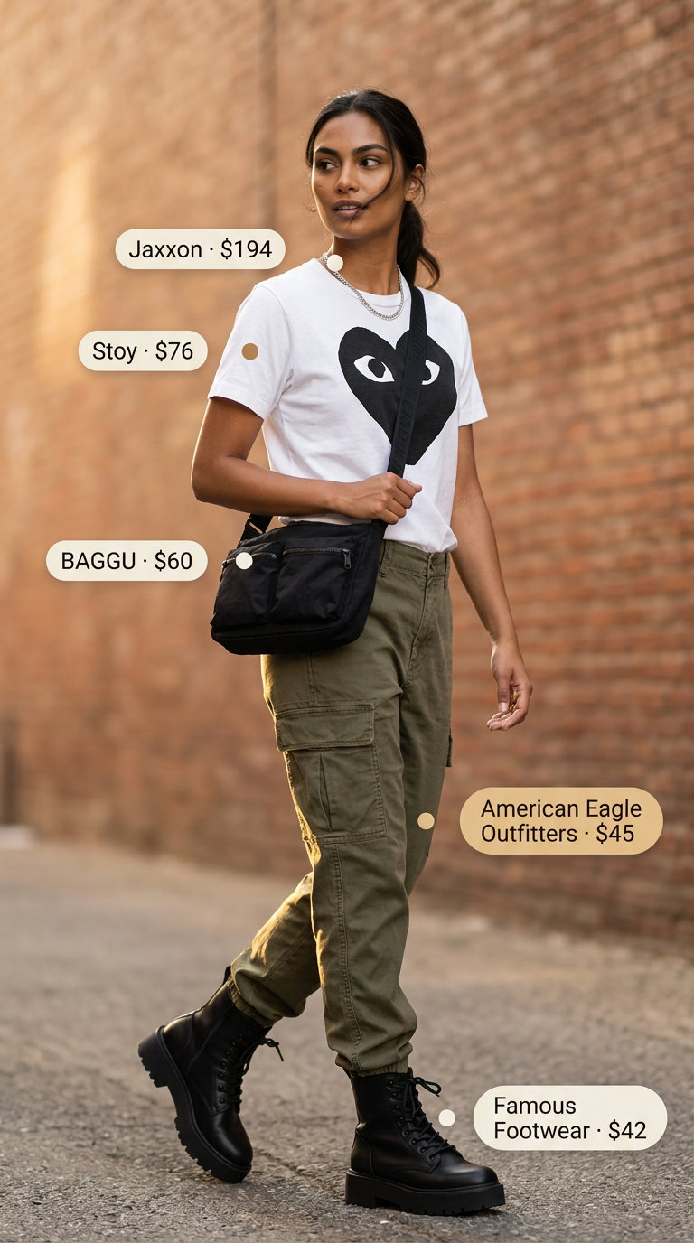 Summer Tomboy Outfits for Women 2026: Cargo pants, graphic tee, combat boots for urban exploration.