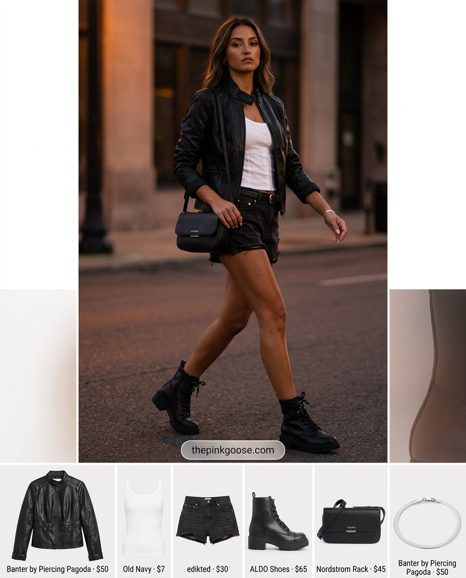 Summer Tomboy Outfits for Women 2026: Edgy moto jacket, denim shorts, combat boots for an evening out.