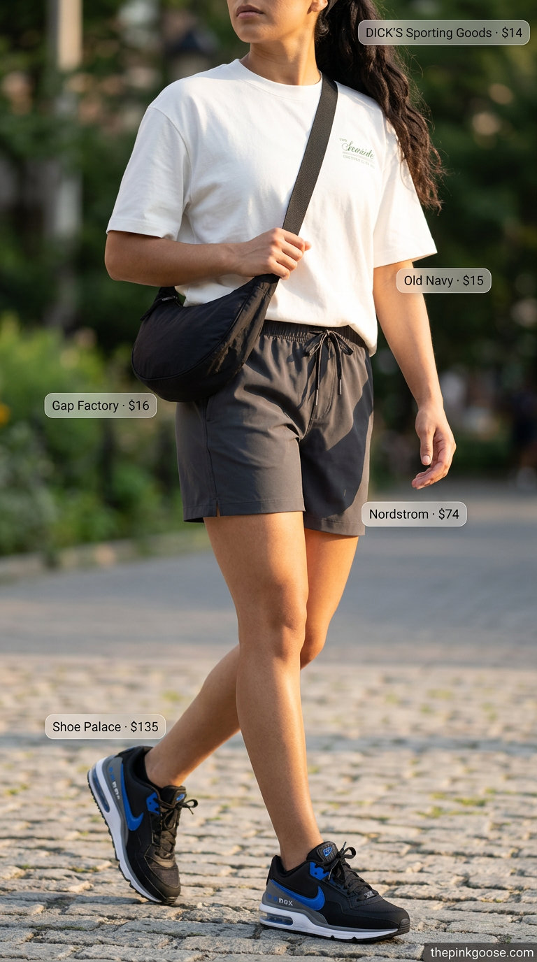 Summer Tomboy Outfits for Women 2026: Running shorts, graphic tee, running shoes for active days.