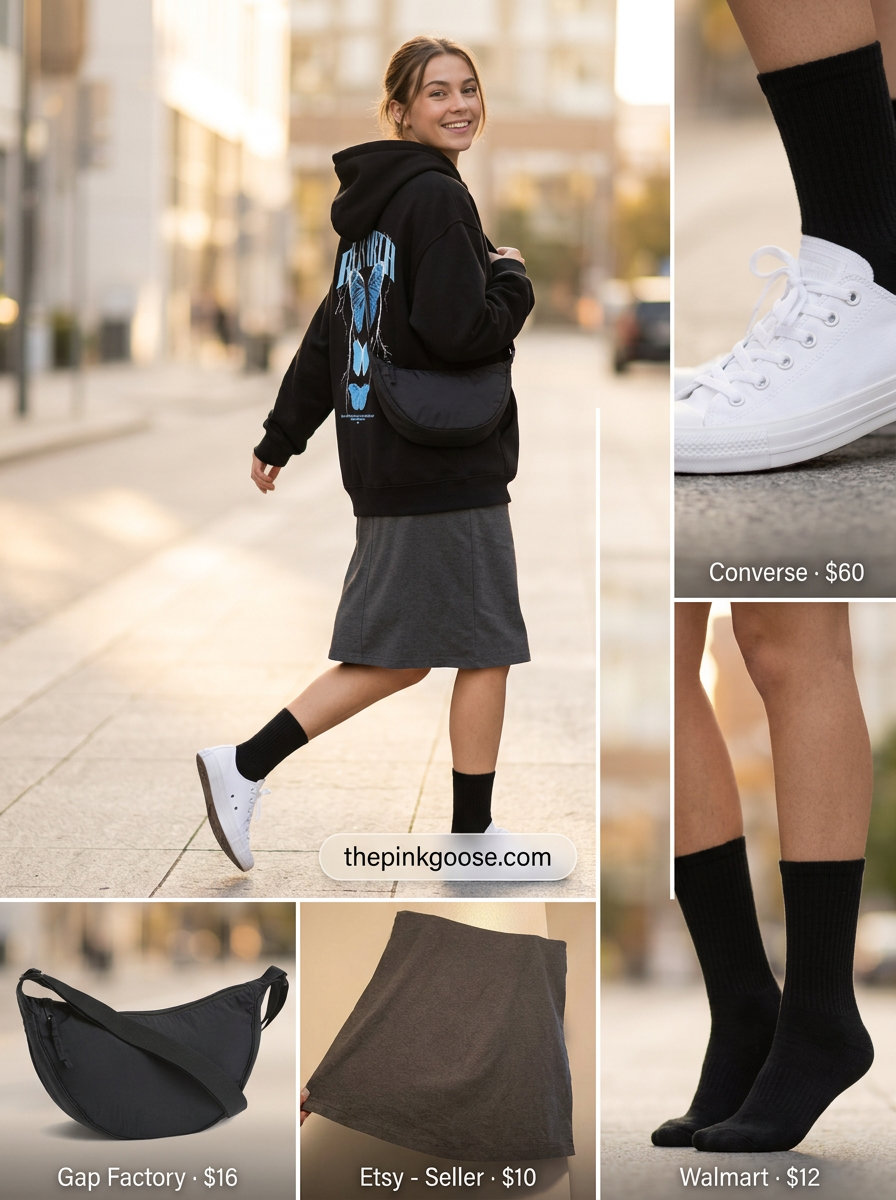 Summer Tomboy Outfits for Women 2026: Grey hoodie, mini skirt, white sneakers for a casual day.