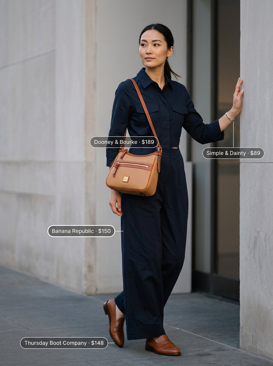 Summer Tomboy Outfits for Women 2026: Navy utility jumpsuit, penny loafers for a chic casual look.