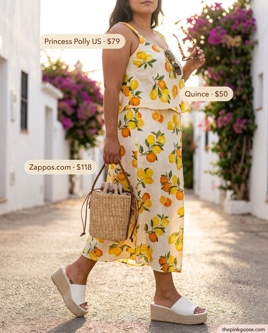 Summer Two Piece Set Outfits for Women 2026: Citrus brights print set with lemon yellow crop top and ruffled mini skirt.